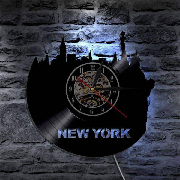 Zwarte vinyl wandklok New York thema