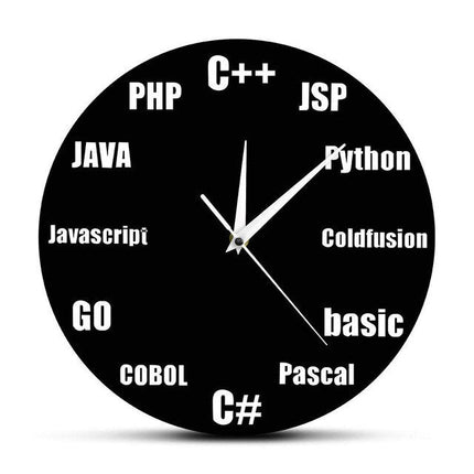 Wandklok voor programmeurs met programmeertalen